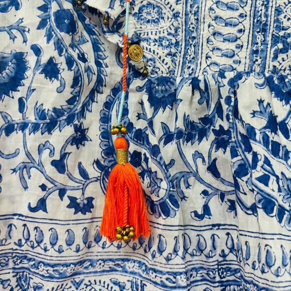 Hunter Bell Silk Blend Tassel Tie Floral Paisley Boho Blouse Blue White Small - Picture 3 of 6